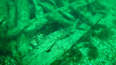 Yılan Adası 'nda dalış yaparken kamera, ahşap döküntülerle kaplı olarak yavaşça dipte hareket eder, bunlar eski bir geminin parçaları. 18. yüzyıldan kalma bir ticaret gemisinin enkazı. Karadeniz, Ukrayna.