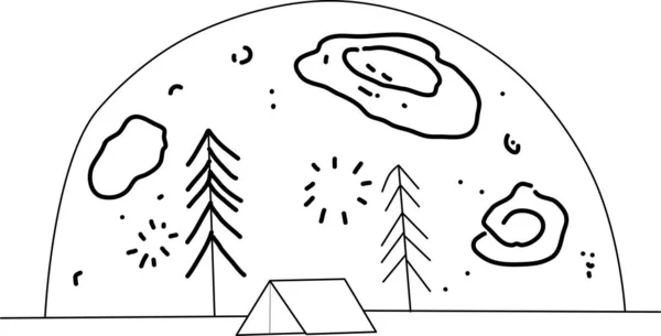 Arka plan vektör illüstrasyonunda ay yükselen çadır ve ağaçlar
