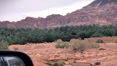 Bulutlu bir günde Alula Suudi Arabistan 'daki kayalık dağları ve hurma ağaçlarını gösteren bir araba penceresinden görüntü