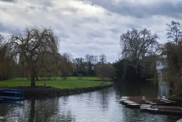 Cambridge, İngiltere, 7 Ocak 2022. Bulutlu bir günde Cambridge şehrinde nehir manzarası, tekneler, ağaçlar ve yeşil çimenler. 