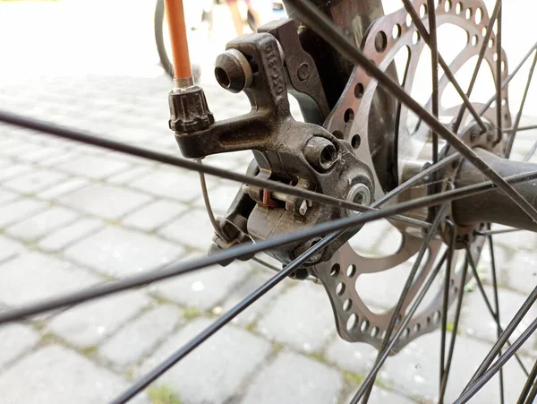Spokes and brake disk of a children's bicycle on the front wheel. Bicycle brake system.