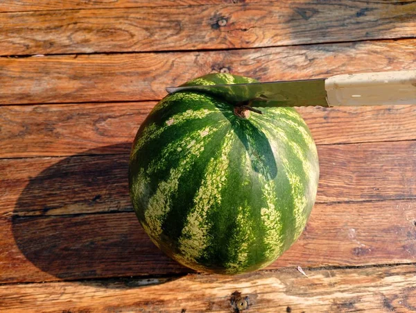 Striped Bright Sweet Watermelon Cut Two Knife Table Yard — Stock Photo, Image