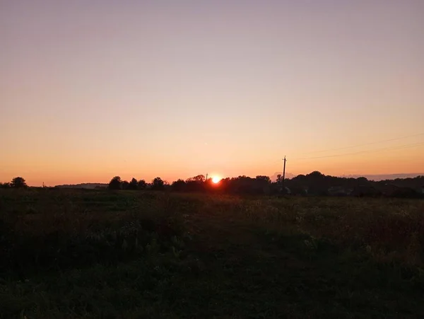 Sun Sets Horizon Sunset Meadow — Stock Photo, Image