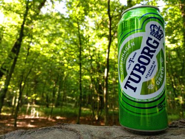 Kornalovichi köyü, Sambir bölgesi, Lviv bölgesi, Ukrayna - 10 Eylül 2023: Yeşil orman arka planında bir kutu Tuborg birası.