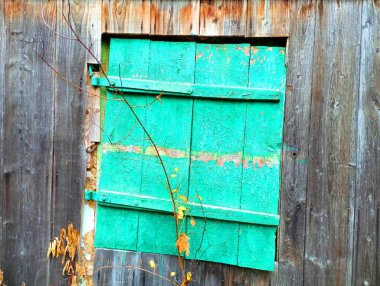 Yeşil panjurlarla kapatılmış eğimli pencereli eski ahşap bir duvar..