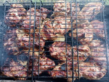 Açık havada odun kömürü üzerinde tavuk pişirmek. Metal bir ızgarada ateşte et kızartıyorum..