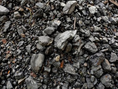 Siyah taş kömürün dokusu yığının içine dökülüyor. Endüstriyel altyapı ve kömür madenciliği temaları ve madende sıkı çalışma. Kış için yakıt stoku..