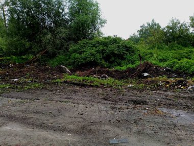 Natural landfill on both sides of the dirt road. A beautiful landscape is littered with discarded garbage. clipart