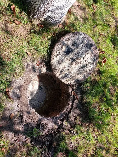 stock image An open sewer hatch in the well. The topic of waste and sewage maintenance.