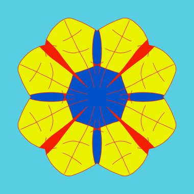 Renkli yapraklı turkuaz arka planda soyut bir çiçek. Renkli bir çiçeğin simetrik çizimi.