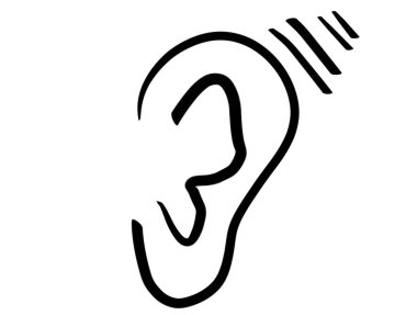 Basit siyah çizgiler kullanarak beyaz bir arkaplanda insan sol kulağının şematik tasviri. Ses algılama teması.