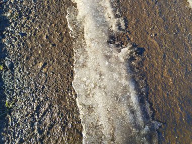 Yerde eriyen karların arkaplanı. Bahar ve Buzlar teması.