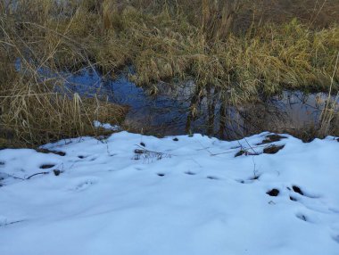 Bir derenin iki farklı kıyısında, birinde kar örtüsü, diğerinde çimen var. Bahar ve kışın buluşması.