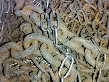 Çeşitli halka boyutlarında eski bir zincirin arka planı. Eski paslı demir zincir. Endüstriyel altyapı ve dokular.