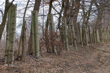 Eski, bakımsız bir antika parkın yakınındaki toprak arazi yolu boyunca eski bir beton çitin kalıntıları..