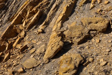 Fotoğrafta gözle görülür katmanlar ve parçalarla kayaların yakın çekimi gösteriliyor. Kaya açık sarı bir renge sahiptir ve koyu çizgiler karakteristik katmanlı bir desen oluşturur..