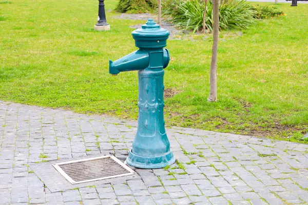 Fotoğrafta parktaki kaldırımda bulunan yeşil bir sokak çeşmesi görülüyor. Çeşmenin metal gövdesi ve musluğu olan klasik bir tasarımı var. Çeşmenin yanında suyu boşaltmak için metal bir ızgara var..