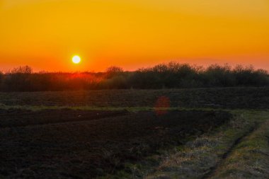 Fotoğraf, kırsal bir arazide canlı bir günbatımını tasvir ediyor. Batan güneş turuncu gökyüzüne karşı parlak beyaz bir küre gibi görünür..