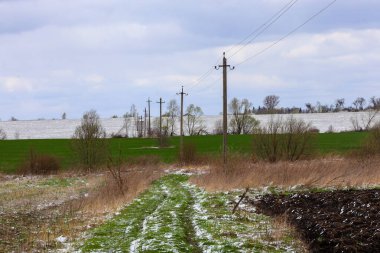 Yeşil buğday tarlasına sahip ilkbahar kırsal arazisi, toprak yolun kenarlarında kar kalıntıları, ve uzakta beyaz karlı bir tarla. Bir sıra beton elektrik direği boyunca uzanıyor.