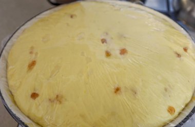 Çiğ maya hamuru ve yapışkan filmin altına eklenmiş kuru üzümler. Hamurun açık sarı bir rengi var ve paşayı veya diğer şenlikli ekmeği pişirmeye hazırlanarak eşit bir şekilde yükseldi..