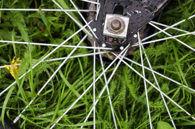 Yeşil çimenlerin üzerinde bir bisiklet tekerleğinin yakın çekimi. Cıvata ve fındıklı siyah metal bir tekerlek göbeği ve merkezden çembere yayılan beyaz metal teller görülebilir..