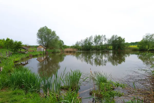 Gölün durgun suları ağaçlı yeşil kıyıları yansıtır. Kıyıda, gri çatılı ve tahta gölgelikli küçük ahşap bir yapı görülebilir..