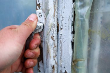 İnsan eli, beyaz bir sera kapısının eski metal sapına tutunur. Çatlak boya ve yapıyı kaplayan şeffaf polietilen görülebilir..