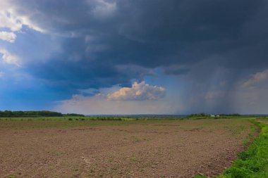 Koyu renkli yağmur bulutlarının mavi alanın bir kısmını kapladığı kasvetli bir gökyüzü altında geniş kahverengi bir alan uzanır. Ufukta yeşil bir orman çizgisi görünüyor..