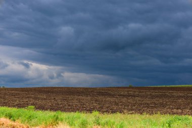 Kara fırtına bulutları yeni sürülmüş bir tarlanın üzerine çökerek dramatik bir zıtlık yaratır. Önplanda yeşil bir çimen şeridi hava değişimi beklentisini vurguluyor.
