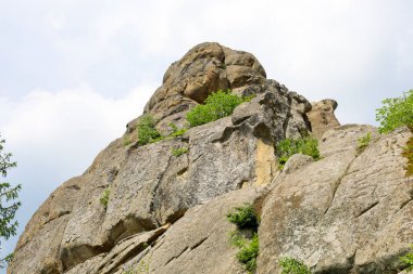 Kısmen yeşil bitki örtüsüyle kaplı çıkıntıları ve çatlakları olan görkemli kayalar doğanın dayanıklılığına ve kararlılığına tanıklık eder..