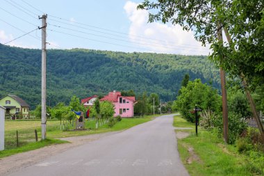 Skhidnitsa, Ukrayna, - 08 Haziran 2024: Yeşil tepeler ve ağaçlarla çevrili asfalt bir yol.