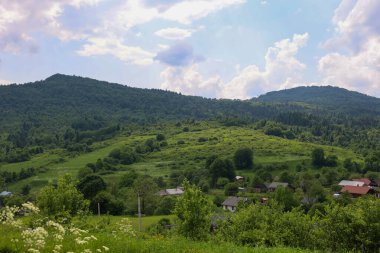 Yoğun ormanlarla kaplı geniş panoramik bir dağ manzarası ve rahat bir kırsal yerleşim yerine uzanan yeşil yamaçlar..