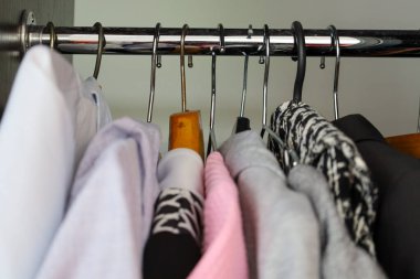 Değişik renk ve dokulardan giysiler dolaptaki metal bir çubuğa düzgünce asılmış. Bu düzenli görünüm günlük giysi dolabında düzeni ve seçimi yansıtır..