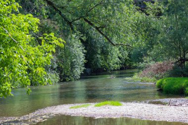 Nehirde hoş güneşli bir gün, berrak su yeşil kıyılardan yavaşça akıyor, sakin ve resimli bir doğal manzara yaratıyor. Küçük kumlu bir sahil, deniz kenarında rahatlamaya davetiye çıkarır..
