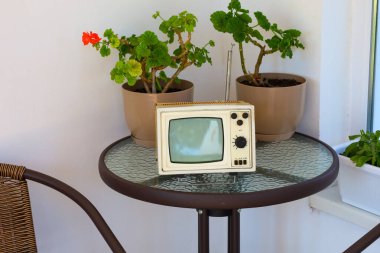 Eski bir portatif televizyon, çiçekli iki tencere ile çevrili cam kaplı bir masanın üzerinde oturur. Bu kompozisyon, doğanın elementleriyle retro teknolojiyi birleştirerek sade ve rahat bir atmosfer yaratıyor..