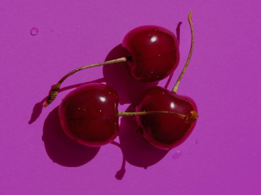 Su damlacıkları ve uzun saplı üç parlak kırmızı kiraz parlak mor bir zemin üzerinde uzanarak kontrastlar ve gölgeler yaratır. Fotoğraf, yaz hasadının tazeliğini ve canlılığını aktarıyor..
