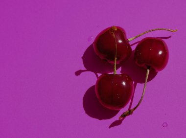 Hala çiy ya da su damlacıklarıyla süslenmiş zengin kırmızı kirazlar canlı mor bir yüzey üzerinde düzgün bir şekilde düzenlenerek çarpıcı bir görsel bileşim oluştururlar. Bu, yaz hasadının tazeliğini ve doğal güzelliğini vurgular..