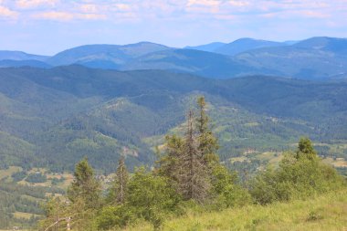 Ufuktaki mavi sislerin içinde kaybolan görkemli sıradağların tadını çıkar. Yeşil ağaçları ve otlarıyla ön planda doğal manzaranın sınırsızlığı ve sükuneti vurgulanıyor..