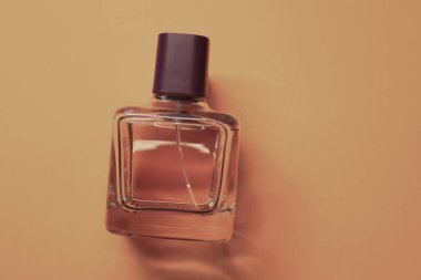 Saf bej arka planda duran koyu mor kapaklı şeffaf bir parfüm şişesi. Işık ve gölgenin oynadığı basit ama sofistike kompozisyon zarafeti ve minimalist stili vurgular..