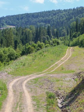 Yeşil çimenler ve seyrek ağaçlarla kaplı geniş bir dağ yamacında lastik izleri olan tenha bir toprak yol. Uzakta, yoğun bir orman görülebilir, bir huzur hissi yaratır ve dokunulmamış doğaya bir yolculuk yapar..