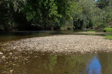 Yüzeyine yansıyan mavi bir gökyüzü ve çimen ve sazlıklarla kaplı sakin bir nehir. Bu sahne, doğa ile bir uzay, barış ve uyum duygusu taşır ve onu seyahat, rahatlama, doğa veya çevre temalarını görselleştirmek için mükemmelleştirir..