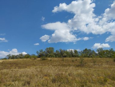 Yamaçlarında kuru otlar ve seyrek çalılarla geniş bir tepe. En tepede bir orman kuşağı görülebilir, ve hepsinden önemlisi, tüylü beyaz bulutları olan açık mavi bir gökyüzü vardır..