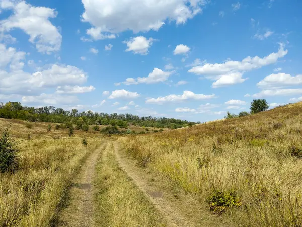 Kuru otlar ve seyrek ağaçlarla kaplı tepeler arasında geniş bir vadi boyunca uzanan toprak bir yol. Bulutsuz mavi bir gökyüzü, beyaz bulutlar vadiyi kaplıyor..