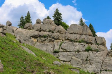 Büyük taş kayalar yeşil bir tepenin üzerinde yükselen büyük bir uçurum oluşturur. Tepesi kozalaklı ağaçlarla kaplanırken, beyaz bulutlar mavi gökyüzünde süzülüp, pitoresk bir yaz manzarası yaratıyor..