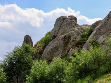 Büyük taş kayalar yosun ve yemyeşil bitki örtüsüyle kaplı görkemli kayalıklar oluşturur. Altlarında yeşil çalılar ve ağaçlar, mavi gökyüzü ve beyaz bulutlar parlıyor..