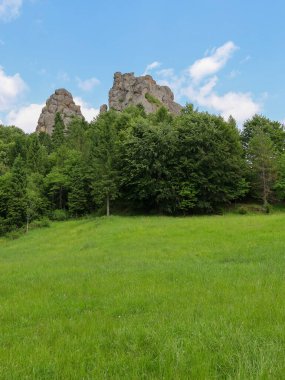 Yeşil bir ormanın üzerinde yükselen güçlü kaya oluşumları büyüleyici bir dağ manzarası yaratır. Önlerinde parlak yeşil bir çayır uzanır, mavi gökyüzünün altında güneş ışığıyla aydınlanır..