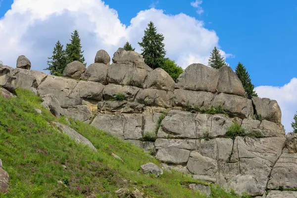 Büyük taş kayalar yeşil bir tepenin üzerinde yükselen büyük bir uçurum oluşturur. Tepesi kozalaklı ağaçlarla kaplanırken, beyaz bulutlar mavi gökyüzünde süzülüp, pitoresk bir yaz manzarası yaratıyor..