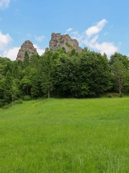 Yeşil bir ormanın üzerinde yükselen güçlü kaya oluşumları büyüleyici bir dağ manzarası yaratır. Önlerinde parlak yeşil bir çayır uzanır, mavi gökyüzünün altında güneş ışığıyla aydınlanır..