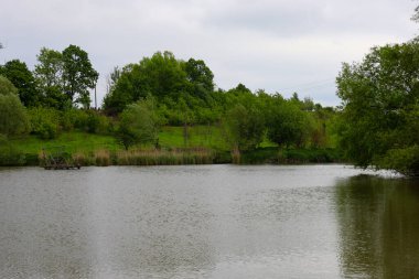 Sakin suya yansıyan yeşil kıyıları olan bir göl manzarası. Fotoğraf, sakin, rüzgarsız bir günün atmosferini ve doğanın sükunetini aktarıyor..