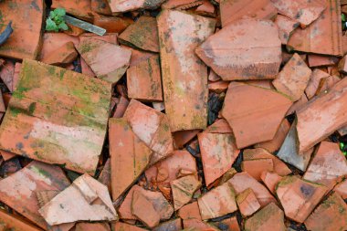 Yerde yatan eski kırmızı kiremit parçaları. Bazı parçalar yosun ve kir kaplı. Bu çekim, arkaplan olarak kullanılabilecek yok edilmiş bir maddenin dokusunu ve desenini aktarır..